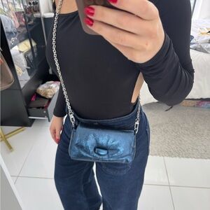 Zara Blue Crossbody Bag with Chain Strap and Bow Detail